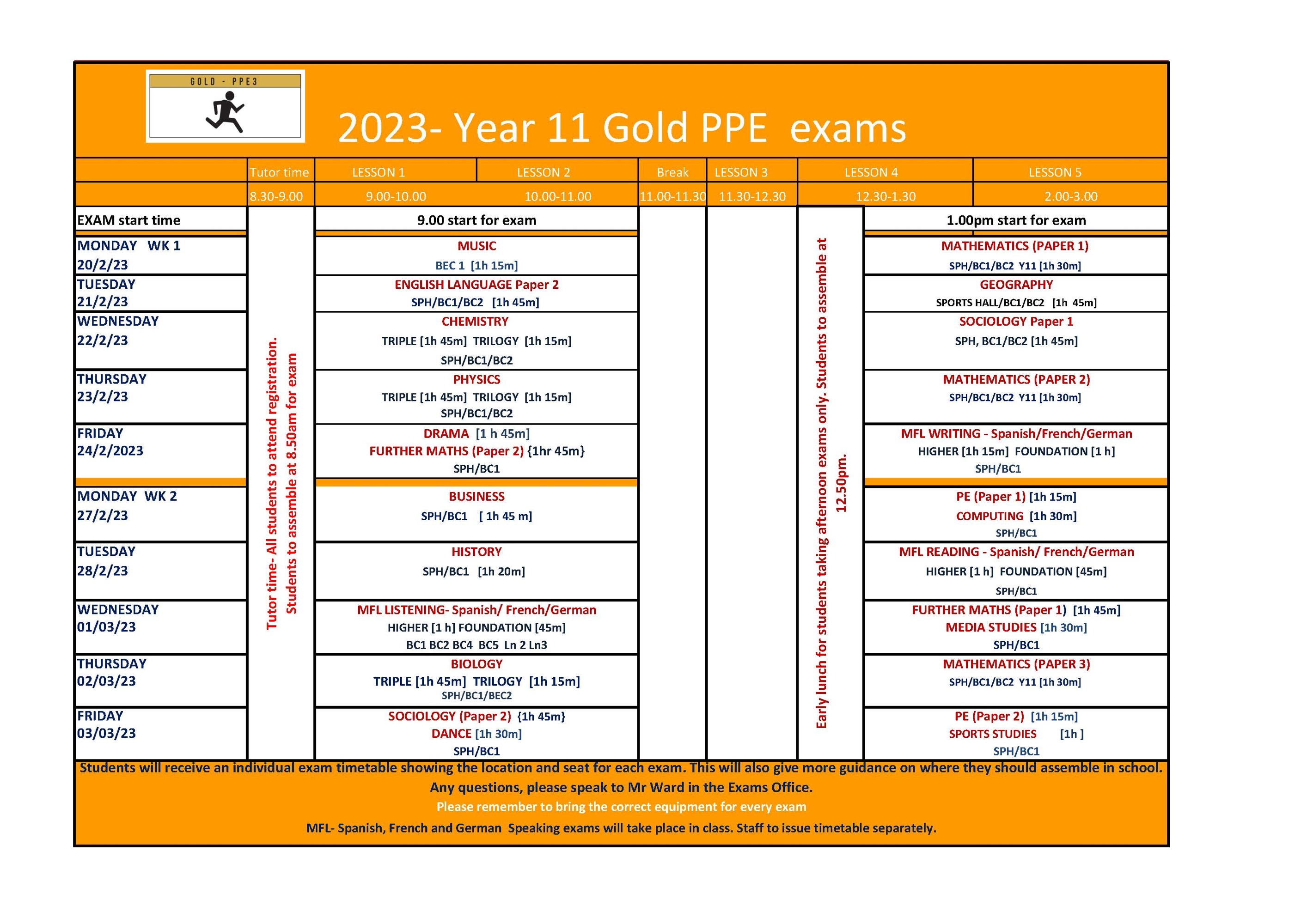 Gold PPE Timetable for Y11 Feb 2022 080223